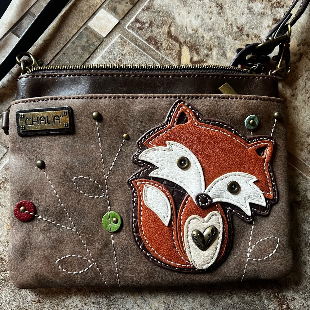 Chala Brown Crossbody Bag with Orange and White Fox Applique